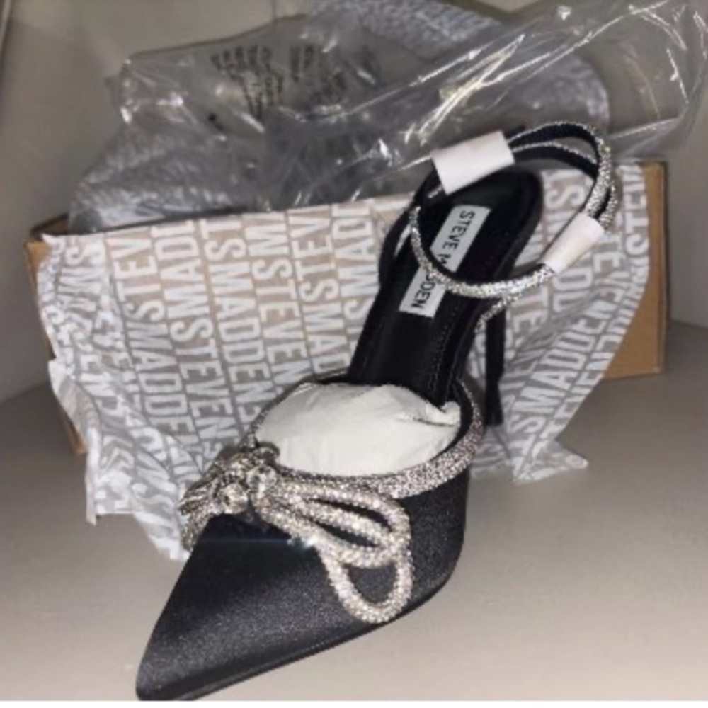 Steve Madden Black Satin Heels with Rhinestone Bow